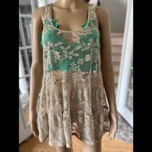 Sleeveless Floral Pattern Lace Tunic, Shimmery Champagne, Love 2 be Loved, Large